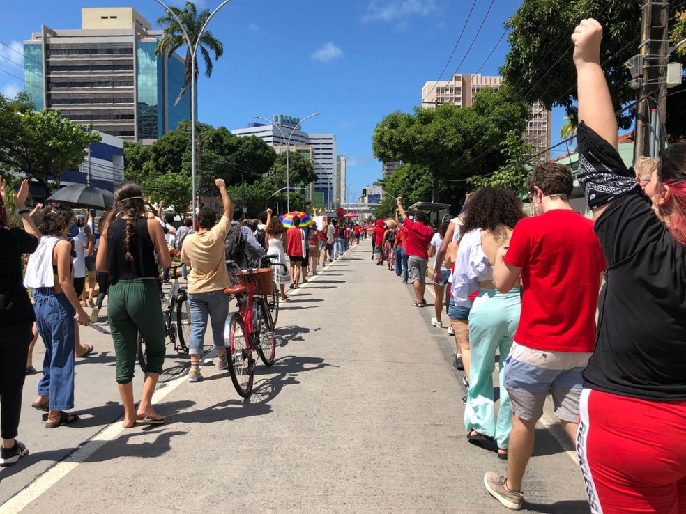 (Manifestantes se organizaram em filas durante protesto contra Bolsonaro, no Recife — Foto: Suzana Souza/G1)